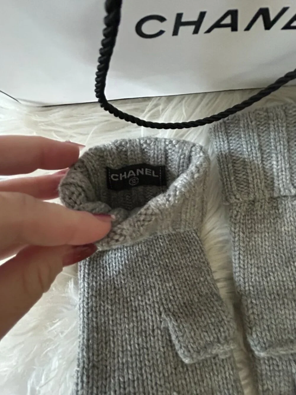 Chanel Cashmere Fingerless Chain Link CC Gloves Gray
